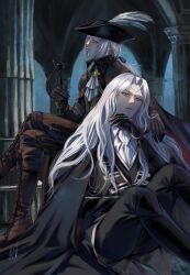1boy 1girl absurdres ascot black_boots black_gloves black_hat black_jacket black_pants bloodborne blue_eyes boots castlevania_(series) character_request check_copyright commentary copyright_request crossed_legs english_commentary feet_out_of_frame gem gloves green_gemstone half-closed_eyes hand_up hat hat_feather henoopd highres holding holding_sword holding_weapon jacket knees_up long_hair looking_to_the_side pants parted_lips pillar ponytail profile signature sitting sword tricorne weapon white_ascot white_hair yellow_eyes