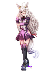 1girl absurdres animal_ears artist_name biwa_hayahide_(umamusume) black_shirt black_thighhighs bow bowtie collared_shirt commentary_request ear_ornament full_body glasses grey_hair hair_between_eyes highres hip_vent horse_ears horse_girl horse_tail jacket juliet_sleeves konsu_(konsu1182da) long_hair long_sleeves looking_at_viewer puffy_sleeves purple_jacket purple_skirt red-framed_eyewear red_bow red_bowtie semi-rimless_eyewear shirt simple_background skirt smile solo tail textless_version thighhighs umamusume under-rim_eyewear white_background yellow_eyes