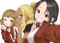 3girls absurdres black_hair black_shirt blonde_hair brown_eyes brown_hair clenched_teeth commentary_request dark-skinned_female dark_skin double_v highres himemiya_yuki ichinose_karina jacket long_sleeves looking_at_viewer manemane_nichinichi multiple_girls nagisa_akane selfie shirt short_hair simple_background smile teeth track_jacket upper_body v white_background white_shirt yamamoto_souichirou