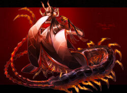 1girl antennae arthropod_girl brown_hair carapace centipede_girl coat commentary_request commission extra_arms hand_in_own_hair hand_to_own_mouth hogara japanese_clothes kimono letterboxed long_hair long_neck looking_at_viewer mandibles monster_girl orange_eyes original red_background red_kimono skeb_commission solo taur very_long_hair