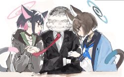 1boy 2girls ^_^ afterimage animal_ears black_choker black_hoodie black_jacket black_sailor_collar blue_archive blue_neckerchief bob_cut brown_hair cat_ears cat_girl cat_tail choker closed_eyes closed_mouth clothes_grab collared_shirt commentary_request crossed_arms doodle_sensei_(blue_archive) eyeliner formal_clothes girl_sandwich green_sailor_collar halo haori hood hood_down hoodie jacket japanese_clothes kazusa_(blue_archive) kikyou_(blue_archive) konabetate lapels long_sleeves looking_at_another makeup motion_lines multiple_girls neckerchief necktie necktie_grab neckwear_grab oekaki own_hands_together parody parted_lips pink_eyes red_eyeliner red_necktie ribbon_choker sailor_collar sandwiched sensei_(blue_archive) shirt short_hair simple_background smile speed_lines suit suit_jacket tail the_weaker_sex_1_(gibson) upper_body white_background white_shirt