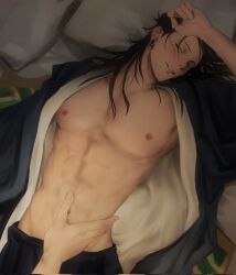 2boys abs black_hair dio_saurr getou_suguru highres jujutsu_kaisen long_hair lying multiple_boys muscular muscular_male nipples yaoi