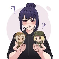 3girls ? azov_battalion blonde_hair blue_hair blush brown_eyes confused eva_(kavunyak) fang fumo_(doll) hair_bun hat highres holding jacket korzynka_persykiv looking_to_the_side marichka mazepynka military_hat military_uniform mole multiple_girls multiple_moles nika_(usergore) short_hair skin_fang smug tattoo ukraine ukrainian_flag white_hair