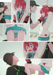 Rule 34 | 1girl, 2boys, age difference, amate yuzuriha, aqua eyes, aqua hair, collared shirt, embarrassed, gloves, gundam, gundam gquuuuuux, hat, highres, kneeing, multicolored eyes, multicolored hair, multiple boys, necktie, panties, pantyshot, petite, physical examination, red eyes, red hair, restrained, school uniform, security guard, shirt, short hair, skirt, teeth, two-tone eyes, two-tone hair, underwear, upper body, upper teeth only, vest, yamomono