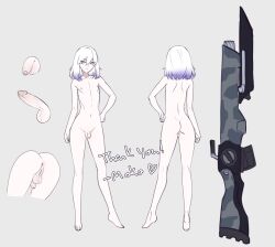 1other anus bayonet black_pantyhose erection flaccid from_behind futanari gradient_hair grey_background gun highres male_focus medium_hair mokotoko9 multicolored_hair nipples nude original pale_skin pantyhose penis purple_eyes pussy rifle simple_background small_penis testicles thank_you weapon white_hair