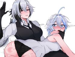 Rule 34 | 2girls, absurdres, ahoge, alternate costume, arlecchino (genshin impact), arnkun, ass, bare shoulders, black hair, black hands, black necktie, black panties, black pants, black vest, blue eyes, blue hair, blush, breasts, claws, collared shirt, colored extremities, floral print, from behind, furina (genshin impact), genshin impact, grey hair, hair between eyes, hair ornament, hand in another&#039;s mouth, hands up, highres, huge ahoge, jewelry, large breasts, lips, long hair, long sleeves, looking at another, looking back, low ponytail, lying, lying on person, medium breasts, multicolored hair, multiple girls, necktie, on stomach, open mouth, panties, pants, ponytail, red eyes, ring, shirt, short hair, simple background, slap mark, slapping, sweat, tank top, teeth, tongue, tongue out, trembling, two-tone hair, underwear, vest, white background, white shirt, white tank top, yuri