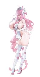 1girl absurdres animal_ears apron bell bikini braid breasts commentary_request cowbell elbow_gloves frilled_apron frills from_side full_body gloves hair_over_one_eye heart heart_print high_heels highres horns huge_breasts korean_commentary long_hair looking_at_viewer maid mole mole_on_arm mole_on_breast mole_on_leg mole_under_eye mole_under_mouth multicolored_horns multiple_moles neck_bell one_eye_covered open_mouth original partially_fingerless_gloves pink_bikini pink_hair pink_horns pink_shoes print_gloves print_thighhighs pumps red_eyes rogger92 shoes sideways_glance simple_background skindentation solo standing swimsuit thighhighs tongue tongue_out two-tone_horns very_long_hair white_apron white_background white_gloves white_horns white_thighhighs