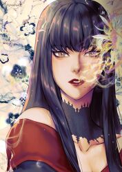 1girl abstract_background black_collar black_hair brown_eyes collar collarbone etroveria final_fantasy final_fantasy_xiv highres hyur long_hair looking_at_viewer mole mole_under_mouth parted_lips portrait red_lips smoke solo straight-on yotsuyu_goe_brutus