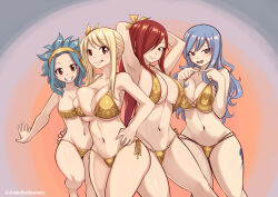 Rule 34 | 4girls, absurdres, armpits, arms up, asymmetrical docking, bikini, blonde hair, blue hair, breast press, breasts, brown eyes, character print, choker, collarbone, commentary, english commentary, erza scarlet, fairy tail, flame print, gold bikini, gold hairband, golden week, golden week bikini, gray fullbuster, grey eyes, grin, hair over one eye, hairband, high ponytail, highres, index fingers together, joshdinobarney, juvia lockser, large breasts, leg tattoo, levy mcgarden, looking at viewer, lucy heartfilia, medium breasts, multiple girls, navel, ponytail, print bikini, red hair, side ponytail, smile, stomach, swimsuit, tattoo, yellow eyes