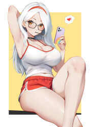 1girl absurdres arm_up armpits artist_name black-framed_eyewear black_choker blush border breasts camisole cellphone choker cleavage dolphin_shorts feet_out_of_frame food food_in_mouth glasses hairband heart highres holding holding_phone jewelry knee_up large_breasts long_hair looking_at_viewer midriff_peek navel necklace original outside_border phone pocky pocky_day pocky_in_mouth red_hairband red_shorts regiana_(jubi) short_shorts shorts sitting smartphone solo spoken_heart star_(symbol) star_necklace thighs white_border white_camisole white_hair yellow_background yellow_eyes