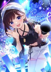 Rule 34 | 1girl, amagai tarou, bandana, belt buckle, blue eyes, blunt bangs, blush, bracelet, breasts, brown hair, buckle, character name, clothing cutout, collarbone, commentary request, company name, concert, copyright notice, criss-cross halter, cropped shirt, earrings, fingernails, frilled sleeves, frills, glowstick, gold bracelet, gold necklace, gold ring, halterneck, highres, holding, holding microphone, hololive, jewelry, leaning forward, leather belt, looking at viewer, medium hair, microphone, midriff, multiple bracelets, multiple rings, navel, necklace, official art, open hand, open mouth, pants, penlight (glowstick), purple nails, ring, see-through clothes, see-through sleeves, short sleeves, smile, solo, stage, star (symbol), star earrings, teeth, thigh cutout, tokino sora, tokino sora (8th costume), upper teeth only, virtual youtuber, waving, white pants