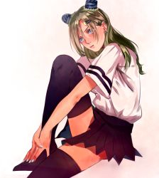 1girl baiyishaonian_huam blue_eyes blue_hair blue_nails cone_hair_bun double_bun earrings female_focus gradient_background green_hair hair_bun hair_ornament hairclip jewelry jojo_no_kimyou_na_bouken kuujou_jolyne matching_hair/eyes multicolored_hair nail_polish pleated_skirt school_uniform serafuku sitting skirt solo thighhighs two-tone_hair zettai_ryouiki