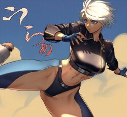 1girl angel_(kof) backless_pants blue_eyes boots breasts chaps cowboy_boots crop_top cropped_jacket fingerless_gloves gloves hair_over_one_eye highres index_fingers_raised jacket large_breasts leather leather_jacket midriff navel ogami panties pants short_hair snk solo the_king_of_fighters the_king_of_fighters_2001 toned toned_female underwear white_hair