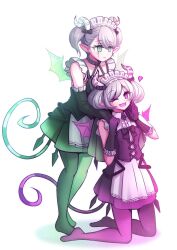 2girls akisame_rizu arianna_the_labrynth_servant arianne_the_labrynth_servant black_dress black_tail dress duel_monster fang full_body green_eyes green_tail green_wings grey_hair highres kneeling maid maid_headdress multiple_girls one_eye_closed open_mouth pointy_ears purple_eyes purple_tail purple_wings simple_background standing striped_tail tail twintails two-tone_tail white_background wings yu-gi-oh!