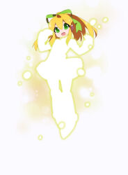 Rule 34 | absurdres, android, armored boots, armored legwear, arms up, blonde hair, blurry, blurry background, boots, capcom, clenched hand, clenched hands, glowing, green eyes, green ribbon, hair between eyes, hair over shoulder, hair ribbon, henshin, highres, kaidou zx, knee boots, long hair, long sleeves, marvel vs. capcom, marvel vs. capcom 2, mechanical boots, mega man (series), miniskirt, open mouth, ribbon, robot girl, roll (mega man), shining, sidelocks, simple background, skirt, smile, sparks, transformation, white background