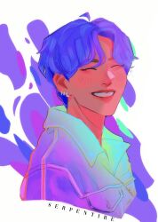 1boy ^_^ artist_name blush closed_eyes collared_jacket commentary earrings english_commentary highres hoshi_(seventeen) jacket jewelry k-pop male_focus purple_hair real_life serpentire seventeen_(group) short_hair solo upper_body