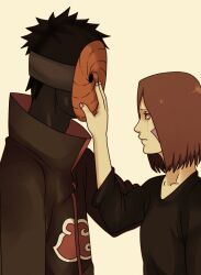 Rule 34 | 1boy, 1girl, akatsuki uniform, bad id, bad pixiv id, black hair, black shirt, brown hair, closed mouth, crying, crying with eyes open, facial mark, from side, high collar, long sleeves, looking at another, mask, nail polish, naruto (classic), naruto (series), neimana, ninja, nohara rin, pink nails, sad, shirt, short hair, simple background, spiked hair, tears, tobi (naruto), uchiha obito