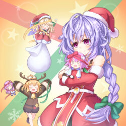 3girls absurdres bag blush braid christmas hat highres histoire kami_jigen_game_neptune_v long_hair looking_at_viewer multiple_girls neptune_(series) open_mouth pink_eyes pish purple_hair pururut santa_costume santa_hat shionic_zm smile very_long_hair