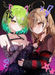 2girls absurdres ahoge antler_ornament antler_ribbon antlers black_background black_choker black_nails black_ribbon black_shirt black_sweater brown_eyes brown_hair ceres_fauna ceres_fauna_(goth) choker commentary crinoline dio_dio drawn_ears drawn_heart drawn_star dress emo_fashion english_commentary flower goth_fashion gradient_background hair_flower hair_ornament hair_over_one_eye hair_ribbon hand_on_another&#039;s_back hand_on_own_chest heart heart_choker heart_o-ring heart_ring_choker highres hololive hololive_english horns huge_ahoge lace-trimmed_choker lace_sleeves lace_trim lightning_bolt_symbol long_hair mole mole_under_eye multiple_girls nanashi_mumei nanashi_mumei_(emo) nightmare_(nanashi_mumei) o-ring o-ring_choker official_alternate_costume official_alternate_hairstyle one_side_up purple_background purple_dress red_sweater ribbon shirt short_hair star_(symbol) striped_clothes striped_sweater sweater sweater_under_shirt t-shirt torn_clothes torn_sweater tree_horns two-tone_sweater virtual_youtuber