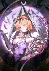 Rule 34 | 1girl, absurdres, bird, black bird, black gloves, black wings, breasts, cleavage, crescent, crown of thorns, dark background, dress, druvis iii, druvis iii (shrouded in thorns), elbow gloves, feathered wings, gloves, green eyes, halter dress, halterneck, hand up, head wings, highres, holding, holding plant, long dress, long hair, looking at viewer, medium breasts, official alternate costume, orange hair, parted lips, plant, popo 07274, purple dress, reverse:1999, shadow, single bare arm, sleeveless, sleeveless dress, solo, spotlight, upper body, wings