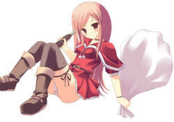 Rule 34 | 1girl, 2000s (style), bad id, belt, belt buckle, black choker, black ribbon, black thighhighs, boots, bottle, breasts, brown belt, brown boots, buckle, capelet, choker, christmas, closed mouth, dress, drink, flower, glass bottle, hair flower, hair ornament, holding, holding bottle, holding drink, holding sack, kisaki yuu, leg ribbon, long hair, lucy maria misora, medium breasts, panties, pantyshot, pink eyes, pink hair, pom pom (clothes), red capelet, red dress, ribbon, sack, santa costume, santa dress, short dress, simple background, sitting, smile, soda, soda bottle, solo, swept bangs, thigh ribbon, thighhighs, to heart (series), to heart 2, underwear, white background, white flower, white panties
