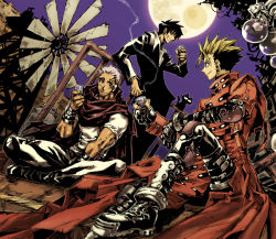 3boys asato bad_id bad_pixiv_id black_cat black_hair boots cape cat drinking earrings formal_clothes gloves jewelry livio_the_doublefang long_coat male_focus manly moon multicolored_hair multiple_boys nicholas_d._wolfwood sitting smoking suit trigun trigun_maximum two-tone_hair vash_the_stampede white_hair windmill