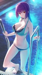 Rule 34 | 1girl, adversarial noise, bare shoulders, bikini, black bikini, breasts, cleavage, collarbone, fate/grand order, fate (series), green bikini, hair between eyes, highres, kamo ashi, large breasts, long hair, looking at viewer, multicolored bikini, navel, pool, poolside, purple hair, red eyes, scathach (fate), scathach skadi (fate), scathach skadi (swimsuit ruler) (fate), scathach skadi (swimsuit ruler) (final ascension) (fate), solo, swimsuit, two-tone bikini
