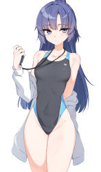 absurdres alternate_costume bare_shoulders blue_archive breasts commentary competition_school_swimsuit competition_swimsuit hair_between_eyes highres isocha jacket looking_at_viewer one-piece_swimsuit open_clothes ponytail purple_eyes purple_hair school_swimsuit simple_background small_breasts swimsuit thighs white_background white_jacket yuuka_(blue_archive)