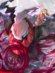 1girl ;o alice_(pokemon) belt blonde_hair blue_eyes commentary_request darkrai dress energy eyelashes gen_4_pokemon highres itsudzumi legendary_pokemon long_hair long_sleeves multicolored_hair mythical_pokemon nintendo one_eye_closed open_mouth pokemon pokemon:_the_rise_of_darkrai pokemon_(anime) pokemon_(creature) pokemon_dppt_(anime) red_dress two-tone_hair