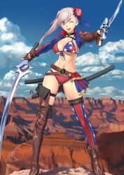 1girl ;d american_flag american_flag_bikini american_flag_legwear american_flag_print asymmetrical_gloves asymmetrical_legwear belt bikini black_thighhighs blue_bikini blue_eyes blue_ribbon blue_sky blue_thighhighs boots breasts brown_belt brown_boots brown_gloves bun_cover canyon cleavage cloud collared_shrug cross-laced_clothes cross-laced_gloves dual_wielding elbow_gloves fate/grand_order fate_(series) fingerless_gloves flag_print front-tie_bikini_top front-tie_top full_body game_cg gloves gluteal_fold hair_bun hand_up high_collar holding holding_sword holding_weapon horizon koyama_hirokazu lace-up_boots large_breasts legs_apart long_sleeves looking_to_the_side mismatched_thighhighs miyamoto_musashi_(fate) miyamoto_musashi_(fate/grand_order) miyamoto_musashi_(swimsuit_berserker)_(fate) miyamoto_musashi_(swimsuit_berserker)_(second_ascension)_(fate) navel official_art one_eye_closed open_mouth pink_hair print_bikini print_thighhighs red_bikini red_thighhighs ribbon short_hair_with_long_locks shrug_(clothing) sideboob single_side_bun single_sidelock skindentation sky smile solo standing swept_bangs swimsuit sword thigh_boots thigh_strap thighhighs third-party_source underboob uneven_gloves unsheathed v-shaped_eyebrows variant_set weapon weapon_request
