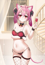1girl :3 absurdres animal_ear_fluff animal_ears arm_under_breasts azur_lane black_ribbon blush bra breasts cat_ears cat_girl cat_tail champagne_flute cleavage closed_mouth cup drinking_glass fishnet_thighhighs fishnets hair_between_eyes hair_ribbon hands_up hatsushimo_(azur_lane) highres knosdeba lace lace-trimmed_bra lace-trimmed_panties lace_trim looking_at_viewer medium_hair navel panties pink_hair red_bra red_eyes red_panties ribbon side-tie_panties solo stomach sweatdrop tail thighhighs underwear