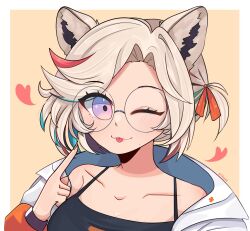 1girl :3 animal_ears black_camisole blonde_hair blue_hair border camisole chumi closed_mouth finger_to_cheek fox_ears fox_girl funaby_(vtuber) heart highres jacket looking_at_viewer mole mole_under_mouth multicolored_hair one_eye_closed one_side_up orange_background orange_jacket outside_border owozu pink_hair purple_eyes round_eyewear streaked_hair tongue tongue_out twitter_username virtual_youtuber white_border