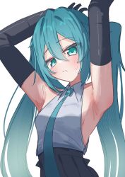 1girl aqua_eyes aqua_hair aqua_necktie armpit_focus armpits arms_up bare_shoulders black_gloves black_skirt blush breasts closed_mouth elbow_gloves gloves hair_between_eyes hatsune_miku high-waist_skirt highres long_hair looking_at_viewer low-cut_armhole necktie outstretched_arm presenting_armpit shirt simple_background skirt sleeveless sleeveless_shirt small_breasts solo sweatdrop thinker25075754 twintails upper_body vocaloid white_background white_shirt