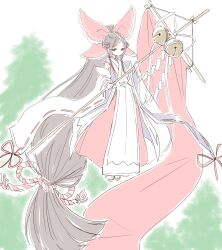 1girl absurdly_long_hair bare_shoulders bell bow brown_eyes brown_hair chihaya_(clothing) detached_sleeves expressionless full_body gensokyo&#039;s_first_hakurei_miko gohei hair_tubes holding holding_gohei huge_bow japanese_clothes jingle_bell long_hair red_bow rope s-a-murai sandals shide socks solo touhou tree very_long_hair white_background white_socks wide_sleeves zouri