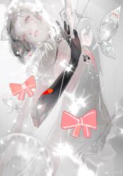 1girl black_bow black_bowtie black_gloves bow bowtie bug butterfly chinese_commentary commentary_request commission cowboy_shot dress elbow_gloves eyeshadow forehead frilled_dress frills gloves gradient_hair grey_hair head_tilt highres insect jewel_under_eye jewelry lipstick long_dress looking_at_viewer makeup multicolored_hair original pale_skin parted_lips pink_eyes pink_eyeshadow pink_lips puffy_short_sleeves puffy_sleeves ring sample_watermark short_sleeves solo sparkle two-tone_hair watermark white_background white_butterfly white_dress white_hair yangming_li_wan_dianfen_chang