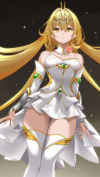 Rule 34 | 1girl, absurdres, bare shoulders, blonde hair, breasts, detached collar, detached sleeves, dress, flower, gold trim, hair between eyes, highres, indy k, long hair, looking at viewer, medium breasts, original, solo, strapless, strapless dress, thighhighs, white thighhighs, yellow eyes