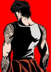 Rule 34 | 1boy, arm tattoo, artist name, black hair, dated, facial hair, from behind, highres, korean commentary, lee eun-tae, lookism, male focus, red background, shirt, short hair, simple background, sleeveless, solo, stubble, tattoo, white shirt, yucchi (apple-panda)