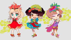 animification blue_eyes brown_hair clarice_(disney) daisy_duck disneyland dress eyelashes flower full_body hair_flower hair_ornament highres humanization looking_at_viewer mickey_mouse_&amp;_friends minnie_mouse moov_(mb_52) multiple_girls open_mouth personification short_hair smile
