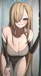 1girl alternate_costume asuna_(blue_archive) blonde_hair blue_archive blue_eyes blue_halo breasts brown_dress cleavage collarbone doorway dress halo highres large_breasts long_hair looking_at_viewer mole mole_on_breast pplmo1009 very_long_hair