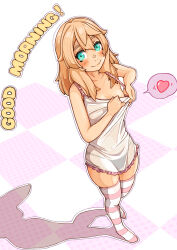1girl absurdres blonde_hair blue_eyes breasts bridget_(guilty_gear) english_text genderswap genderswap_(mtf) guilty_gear guilty_gear_strive heart highres long_hair nightgown no_bra pink_stripes skindentation small_breasts speech_bubble spoken_heart striped_clothes striped_thighhighs sugajyun thighhighs zettai_ryouiki