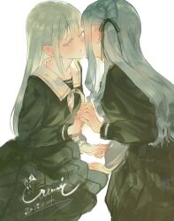 2girls absurdres bang_dream! bang_dream!_it&#039;s_mygo!!!!! black_ribbon black_shirt black_skirt blue_hair commentary cosmic_(crownclowncosmic) dated green_hair hair_ribbon highres holding_hands imminent_kiss interlocked_fingers long_hair multiple_girls parted_lips pleated_skirt ribbon sailor_collar school_uniform shirt signature simple_background skirt togawa_sakiko tsukinomori_school_uniform two_side_up wakaba_mutsumi white_background white_sailor_collar yellow_eyes yuri