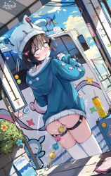 1girl anal anal_beads anal_object_insertion ass blue_eyes brown_hair bus choker exhibitionism hat highres hood hooded_jacket jacket liclac loli motor_vehicle object_insertion original outdoors public_indecency sex_toy short_hair skindentation thighhighs white_thighhighs
