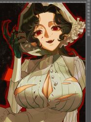 1girl :d anjo_nala art_program_in_frame black_background black_hair breasts button_gap cleavage clip_studio_paint clip_studio_paint_(medium) coif corset fang gloves green_gloves hamra_(hamcommis) hand_up highres large_breasts open_mouth pinstripe_pattern pinstripe_shirt red_eyes reverse:1999 shirt smile solo striped_clothes striped_shirt torn_clothes torn_shirt upper_body vertical-striped_clothes vertical-striped_shirt white_corset white_shirt