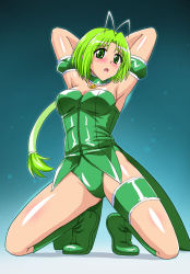 1girl armpits arms_behind_head asu_(hengaya) birthmark blush boots breasts choker detached_sleeves embarrassed frilled_thigh_strap gradient_background green_background green_boots green_choker green_eyes green_hair green_leotard hair_tubes highleg highres kneeling leotard long_hair magical_girl medium_breasts mew_lettuce midorikawa_lettuce open_mouth puffy_detached_sleeves puffy_sleeves showgirl_skirt solo strapless thigh_strap tokyo_mew_mew