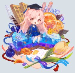 1girl 2022 belt black_belt black_coat black_hat blue_bow blue_dress blueberry bow cake chibi coat commentary dress english_commentary flower food fork fruit gift_art graduation hat highres indie_virtual_youtuber leaf long_hair mini_person minigirl mortarboard nini_yuuna open_mouth orange_(fruit) orange_slice petals pink_eyes pink_hair second-party_source sitting smile solo spacelongcat tulip very_long_hair virtual_youtuber waffle yellow_flower yellow_tulip