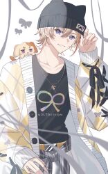 Rule 34 | 1boy, animal hat, argyle clothes, argyle coat, beanie, black hat, black ribbon, black shirt, blonde hair, buttons, coat, cross-laced clothes, cross-laced sleeves, dog, fura kanato, glint, gold necklace, grin, hair between eyes, hand up, hat, highres, jewelry, kiironoko (fura kanato), long sleeves, looking at viewer, male focus, multicolored hair, necklace, nijisanji, on shoulder, open clothes, open coat, orange hair, print shirt, puffy long sleeves, puffy sleeves, purple eyes, ribbon, shirt, short hair, simple background, sleeves past wrists, smile, solo, streaked hair, sugikichi, virtual youtuber, white background, white coat, yellow coat