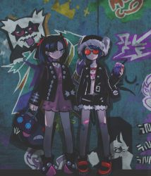 2girls absurdres alternate_costume alternate_hairstyle bag bandaid bandaid_on_leg black_jacket commentary_request croagunk crop_top cup disposable_cup dress drinking_straw earrings eyebrow_piercing face_piercing fur_hat galarian_form galarian_zigzagoon gen_3_pokemon gen_4_pokemon gen_8_pokemon gloria_(pokemon) graffiti hat highres holding_hands huge_filesize ichinose_(kurui96) impidimp jacket jewelry looking_at_viewer marnie_(pokemon) morpeko morpeko_(hangry) multiple_girls nail_polish navel nickit nintendo piercing pink_dress pokemon pokemon_(creature) pokemon_swsh punk red_nails sableye shopping_bag short_shorts shorts standing stomach stud_earrings sunglasses themed_object twintails wall zigzagoon