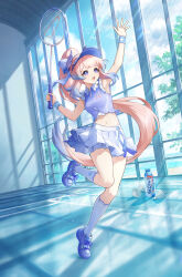 1girl absurdres arm_up armpits blue_hair blue_shirt blue_shoes blunt_bangs bottle colored_tips crop_top full_body genshin_impact hand_up highres holding_tennis_racket indoors kneehighs long_hair midriff miniskirt multicolored_hair navel official_alternate_costume official_art open_mouth pink_hair pleated_skirt ponytail purple_eyes sangonomiya_kokomi sangonomiya_kokomi_(pulse+) shirt shoes skirt sleeveless sleeveless_shirt socks solo standing standing_on_one_leg stomach thighs third-party_source visor_cap white_socks wristband