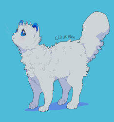 Rule 34 | animal, animal focus, blue background, blue eyes, cat, character name, cloudtail, commentary, fluffy, from side, highres, looking at viewer, minamia23, no humans, simple background, solo, standing, tail, the prophecies begin, warrior cats, white background, white cat