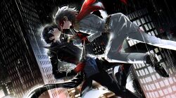 Rule 34 | 2boys, absurdres, akechi gorou, amamiya ren, black hair, black jacket, black pants, black shoes, brown hair, crow (persona 5), domino mask, fsmaichobpeg0, highres, holding, holding knife, jacket, joker (persona 5), knife, male focus, mask, multiple boys, pants, persona, persona 5, shirt, shoes, white pants, white shirt